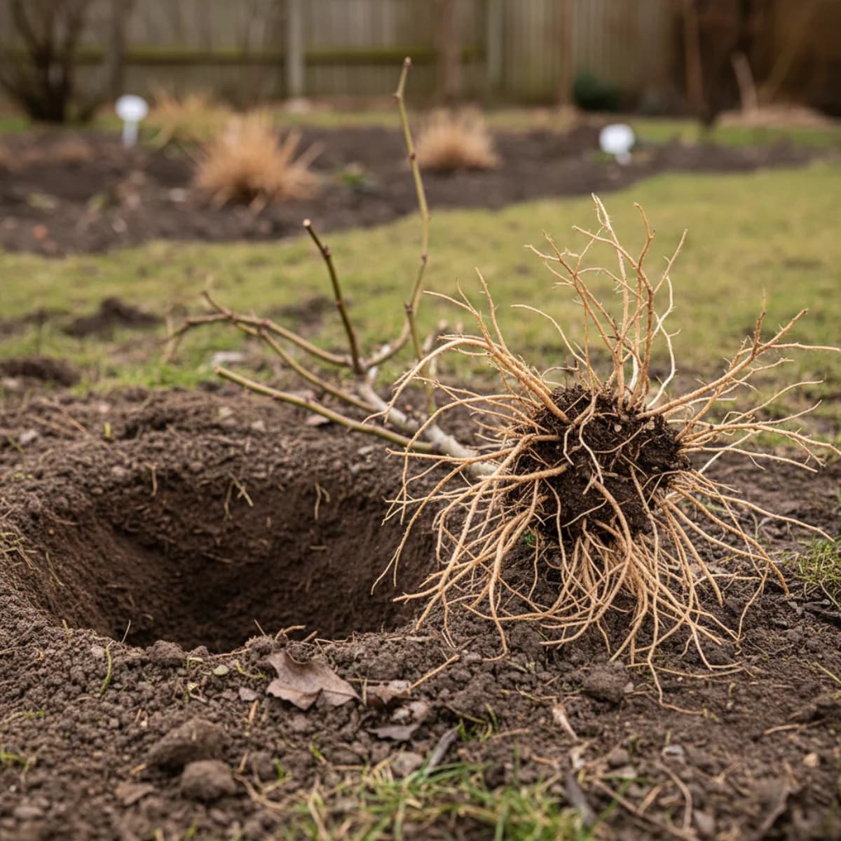 Bare-root rose with healthy roots spread out before planting, sitting on garden soil in winter