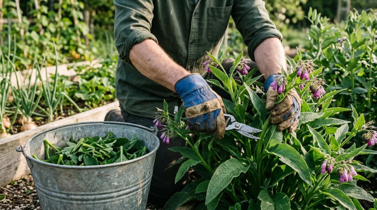 A late-May garden scene showing a gardener in gloves cutting an armful of broad green comfrey leaves with purple bell-shaped flowers, beside a galvanised bucket already half-filled with chopped leaves, soft morning light across a vegetable plot