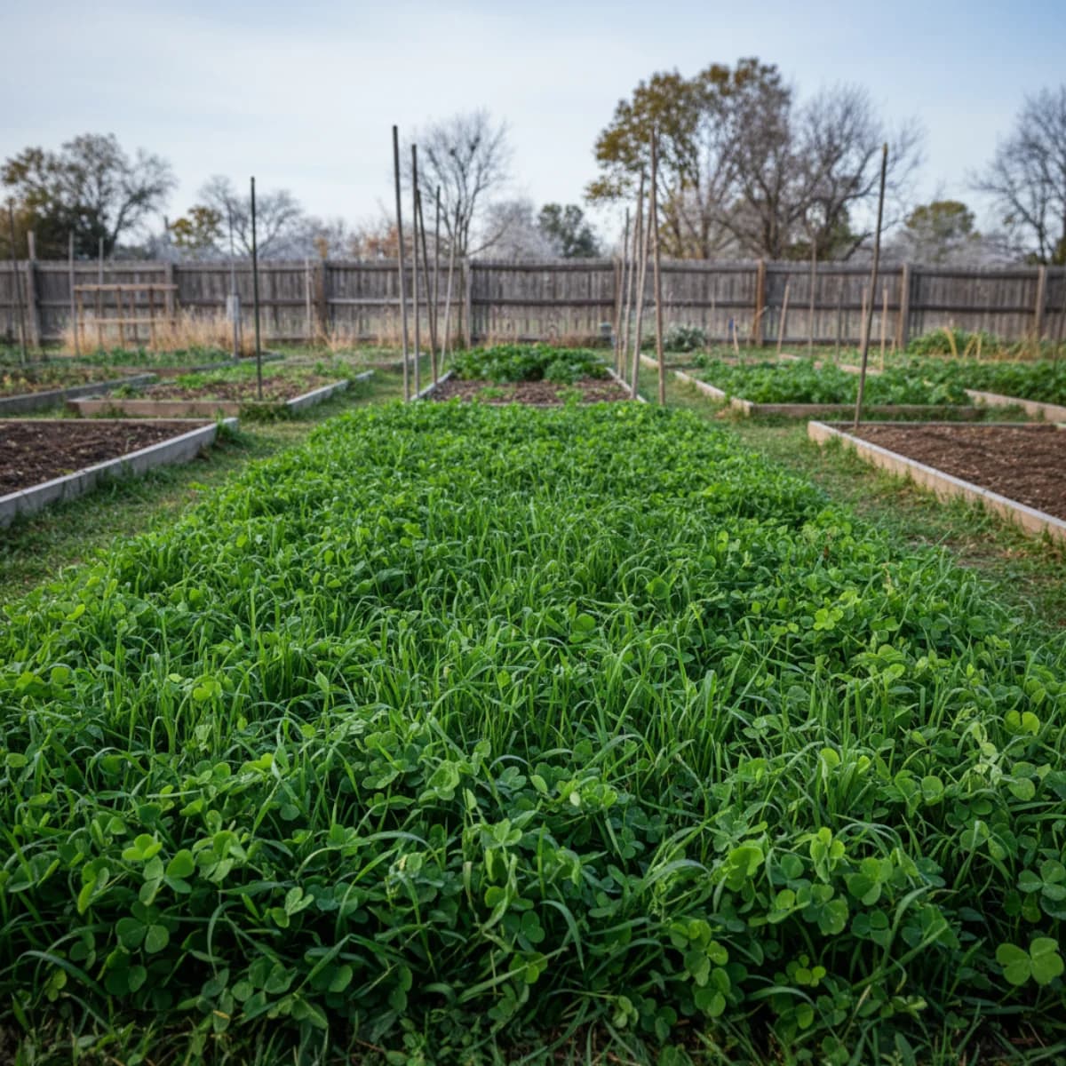 A lush green cover crop of winter rye and hairy vetch growing densely in a vegetable garden bed in late autumn