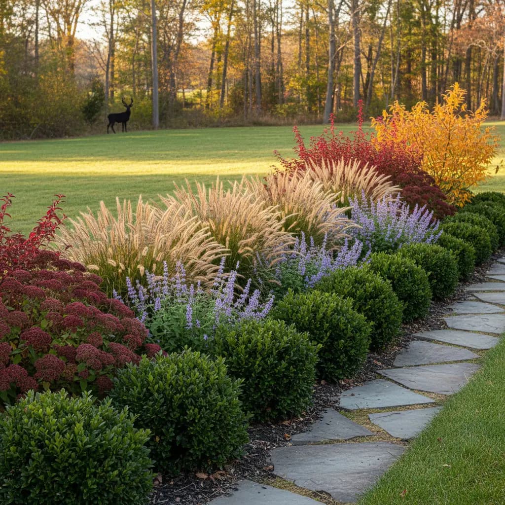 Front yard border with boxwood alternatives, nepeta, ornamental grasses, fall color accents, deer silhouette in distance
