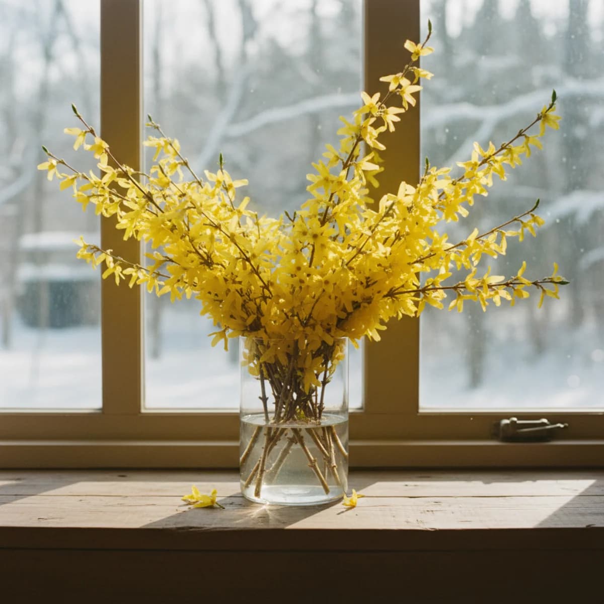 Forsythia branches with bright yellow blooms in a glass vase on a windowsill