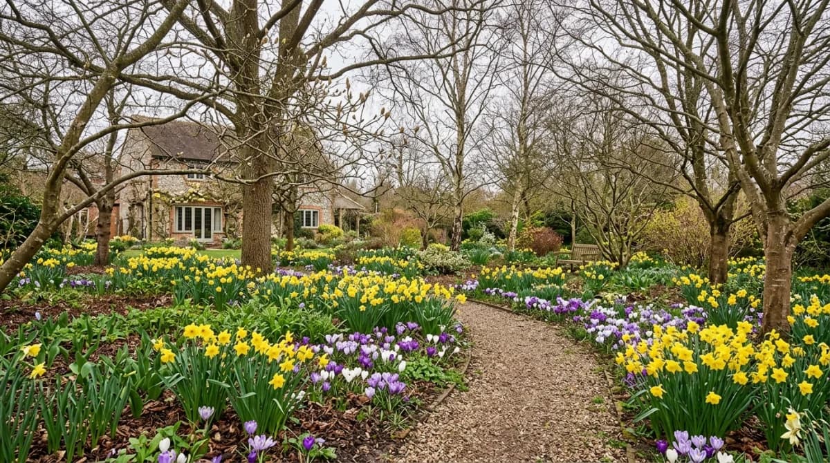 Spring garden with blooming bulbs under deciduous trees that haven't leafed out yet