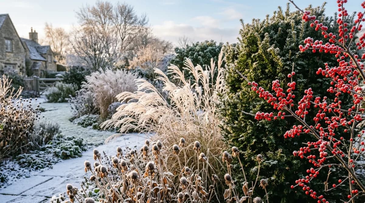 Winter garden scene with ornamental grasses covered in frost, red winterberry branches, and evergreen structure