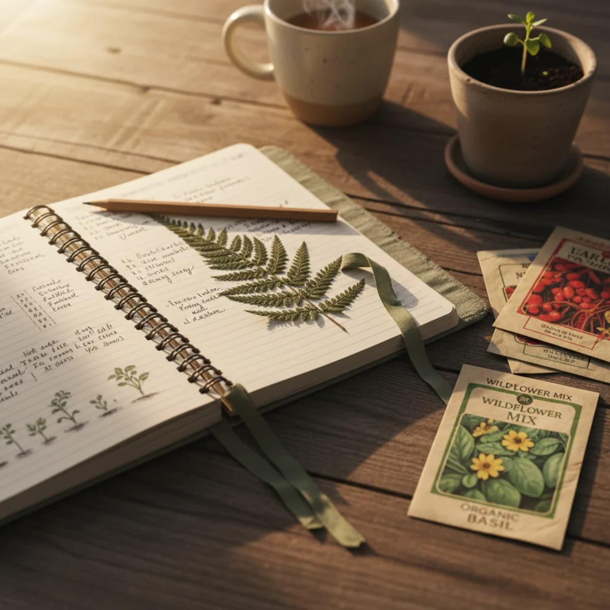 Open garden journal with handwritten notes, seed packet tape, and pressed flowers on a wooden table
