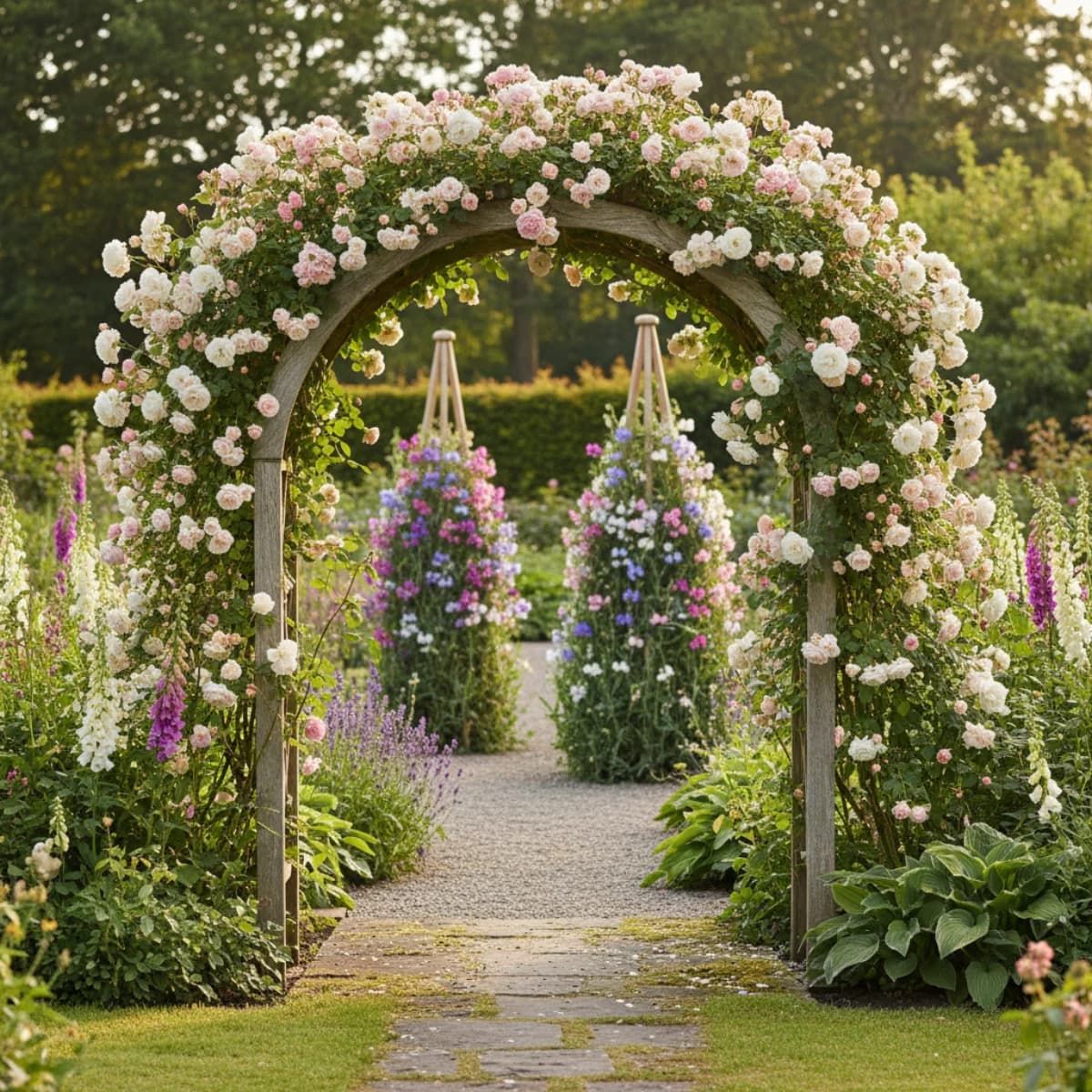 A wooden garden arch covered in climbing roses framing a garden path, with obelisks supporting sweet peas in the background