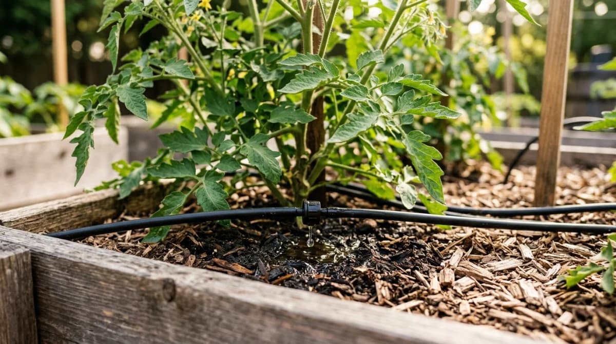Drip irrigation emitter watering the base of a tomato plant in a raised garden bed