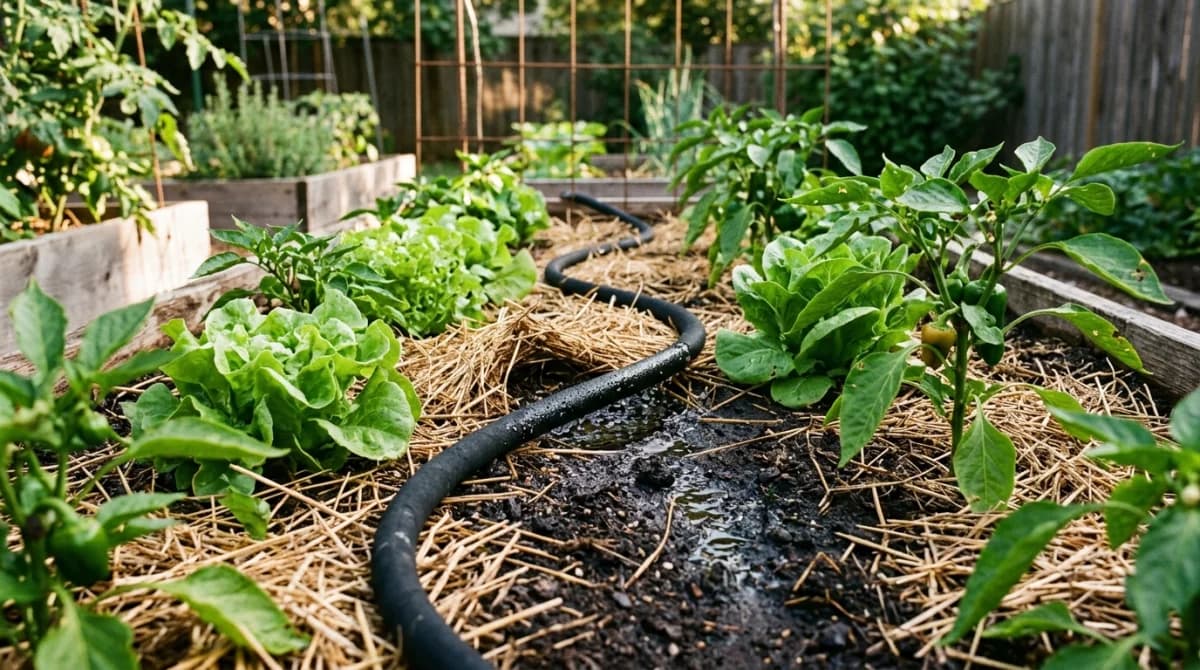 Soaker hose snaking through a vegetable garden bed under straw mulch