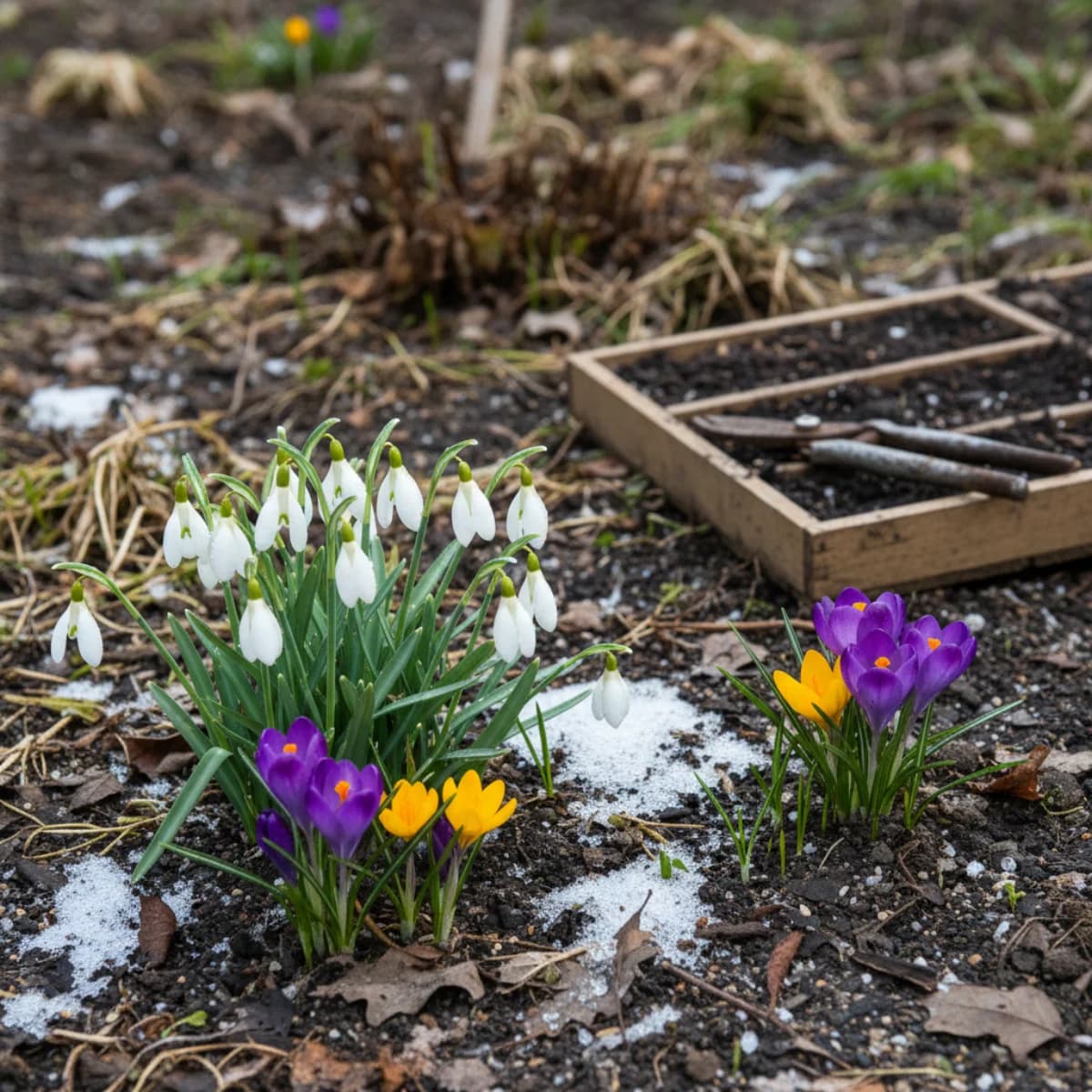 Early spring bulbs like snowdrops pushing through cold soil with garden tools in the background, signaling the start of the gardening season.