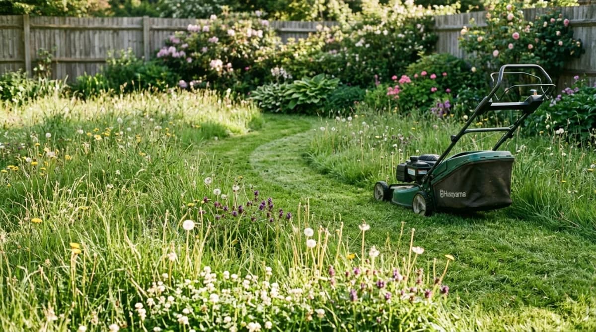 A late-May garden lawn at the end of No Mow May, showing tall grass studded with white clover and yellow dandelions in the foreground and a freshly cut path mown through it on the highest setting, soft morning light and a lawnmower paused at the edge