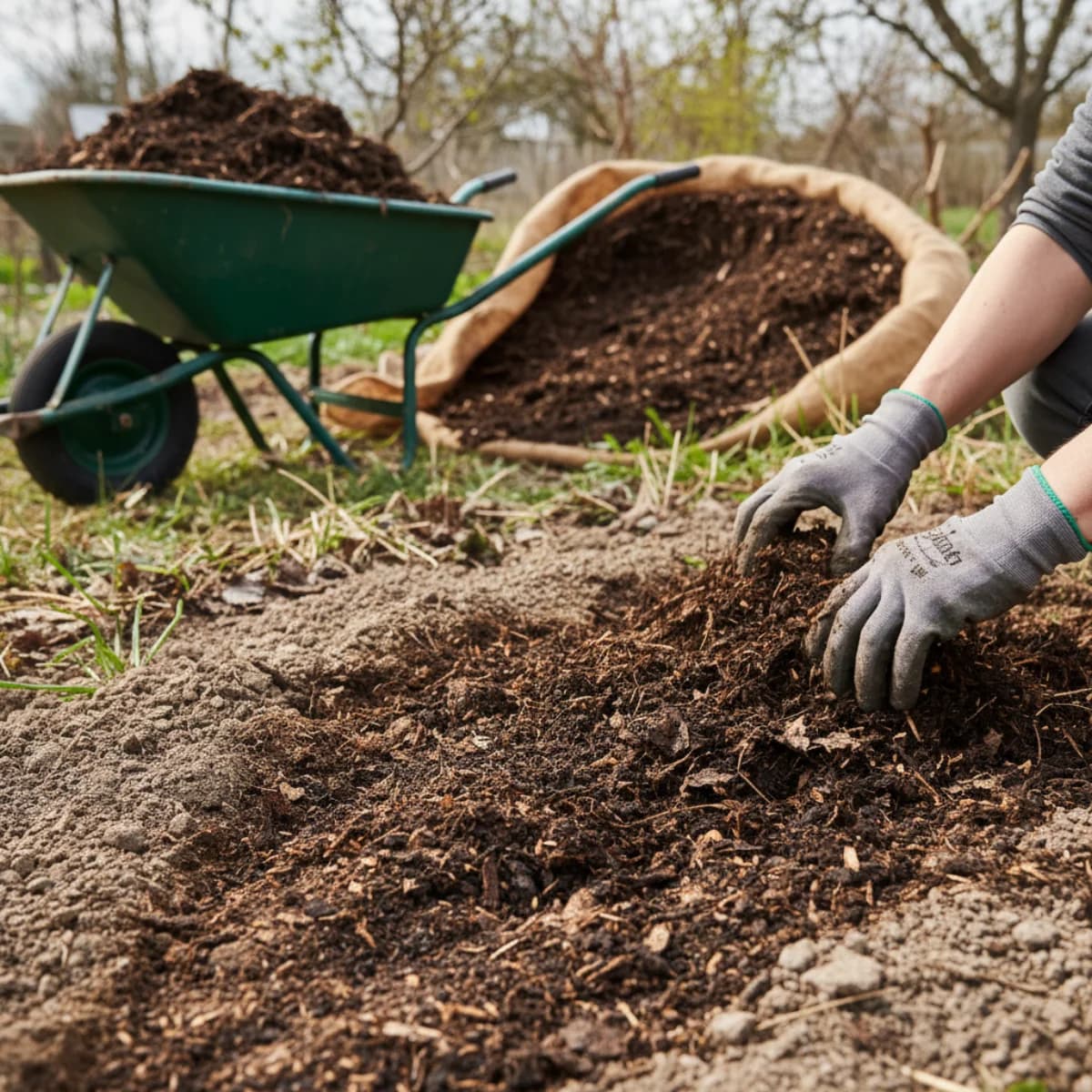 Hands working rich dark compost into garden bed soil in late winter