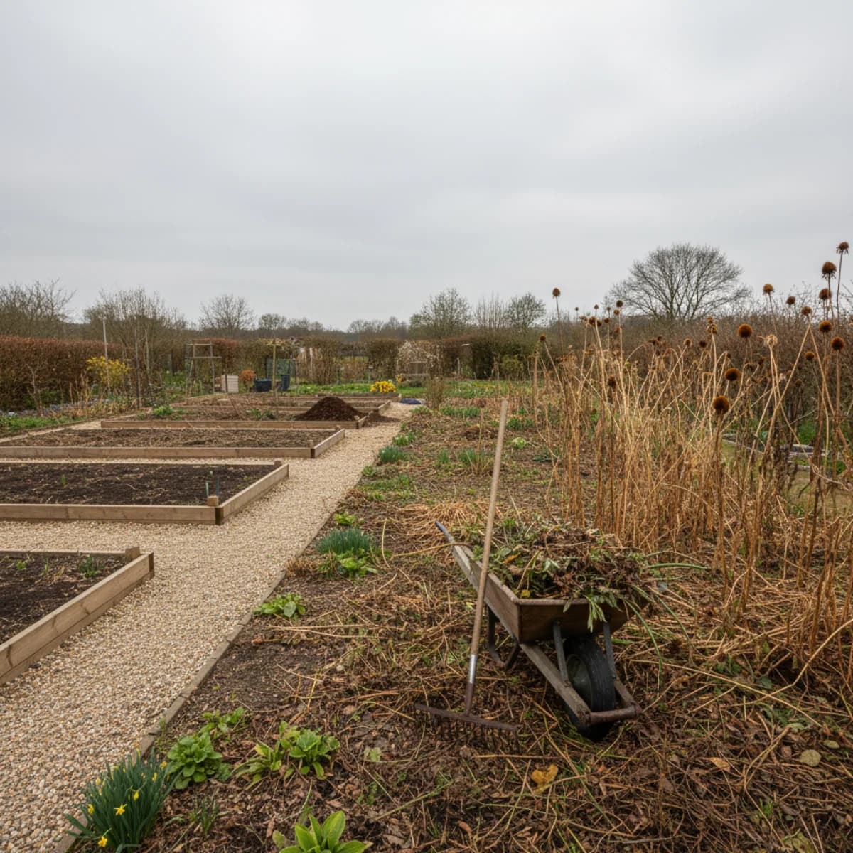 A late-winter garden in transition with some areas tidied and others left with natural debris, showing the balance of spring cleanup.