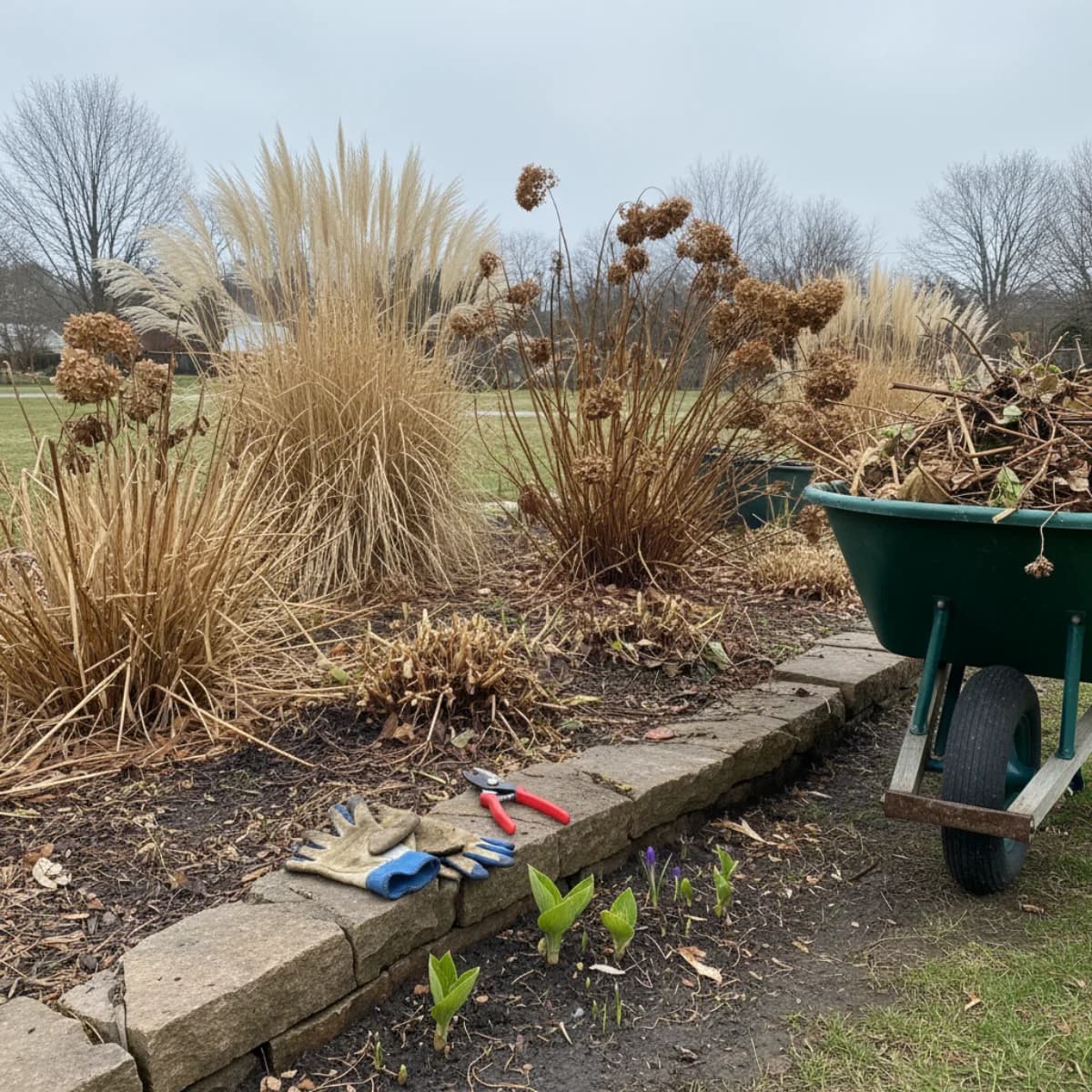 Garden beds in early spring with dried perennial stems being cut back
