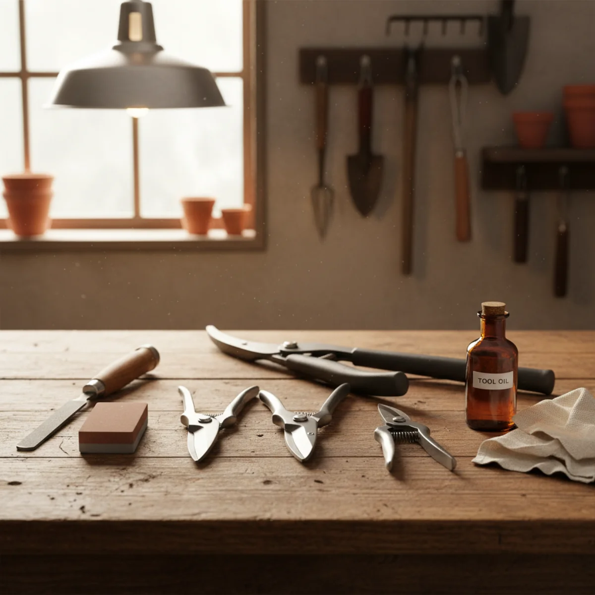 A set of garden tools laid on a workbench with sharpening files, oil, and cleaning supplies in a tidy workshop