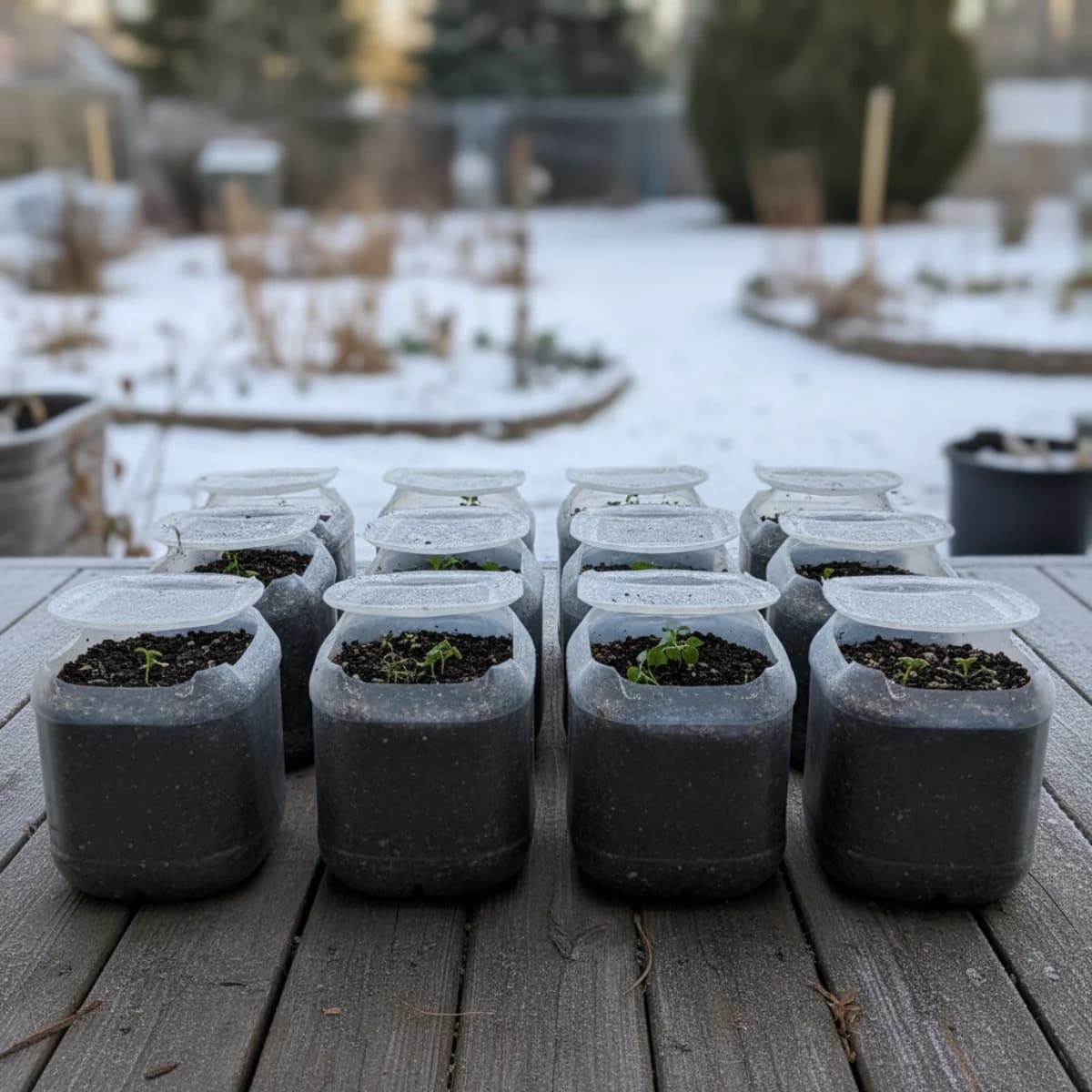Milk jugs with holes cut in them filled with soil and seeds sitting in snow outside