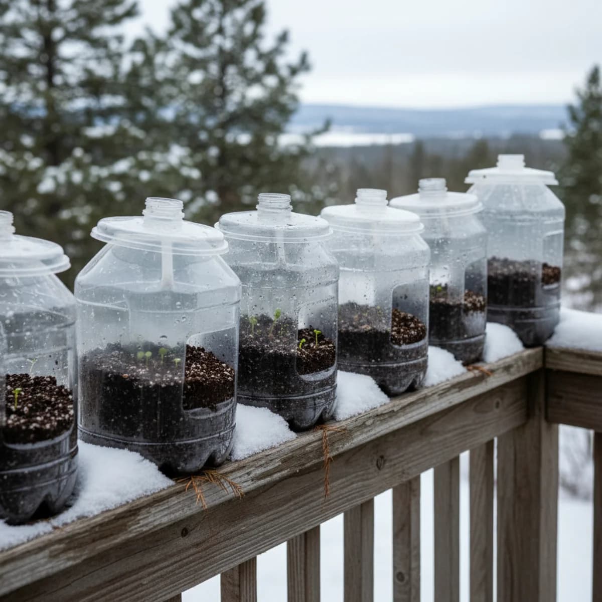 Clear plastic milk jugs and water bottles adapted as mini greenhouses sitting in snow outdoors