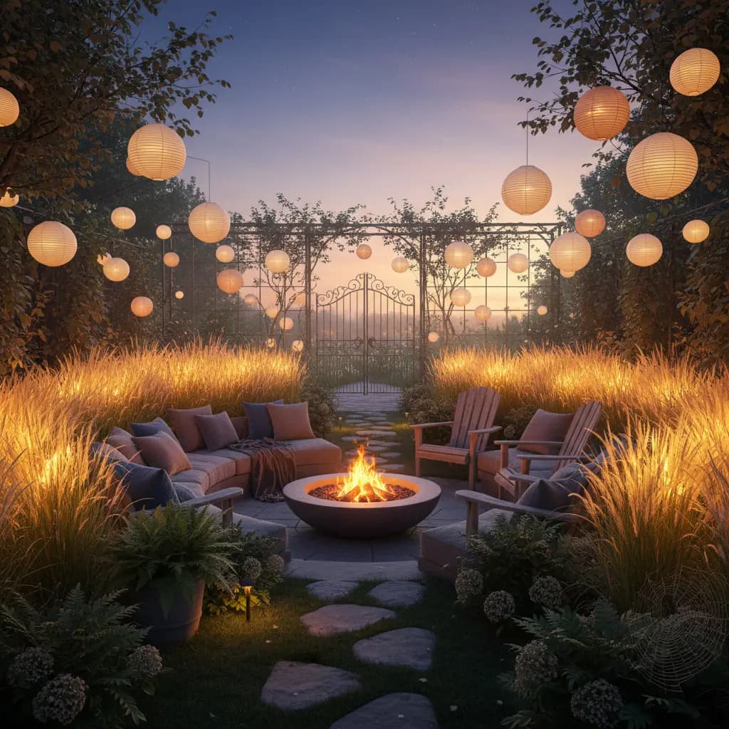 Peaceful garden scene at sunset with harvest elements, candles, and autumn decorations for equinox celebration