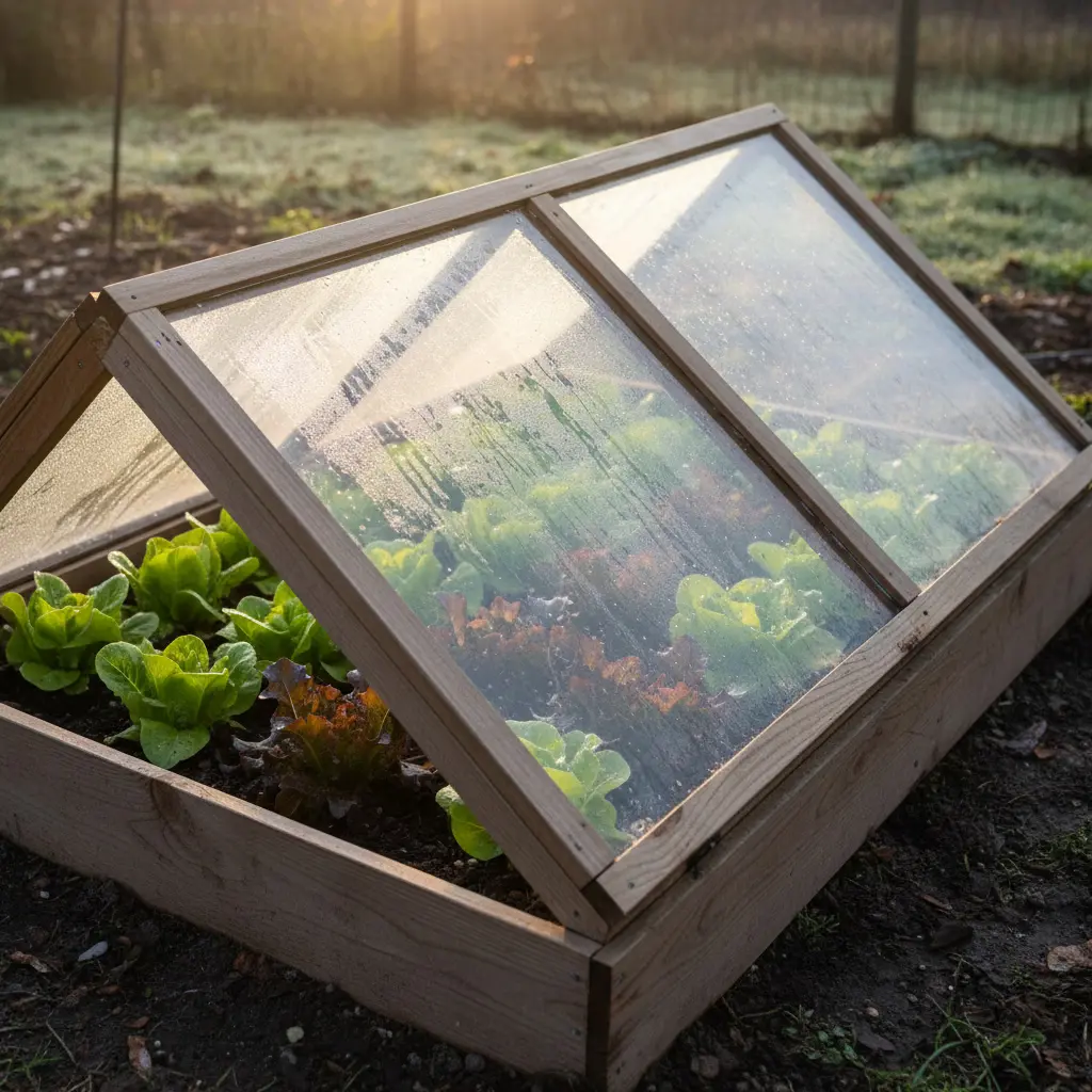 Garden with cold frames protecting lettuce and row covers over other vegetables, showing season extension setup in late fall
