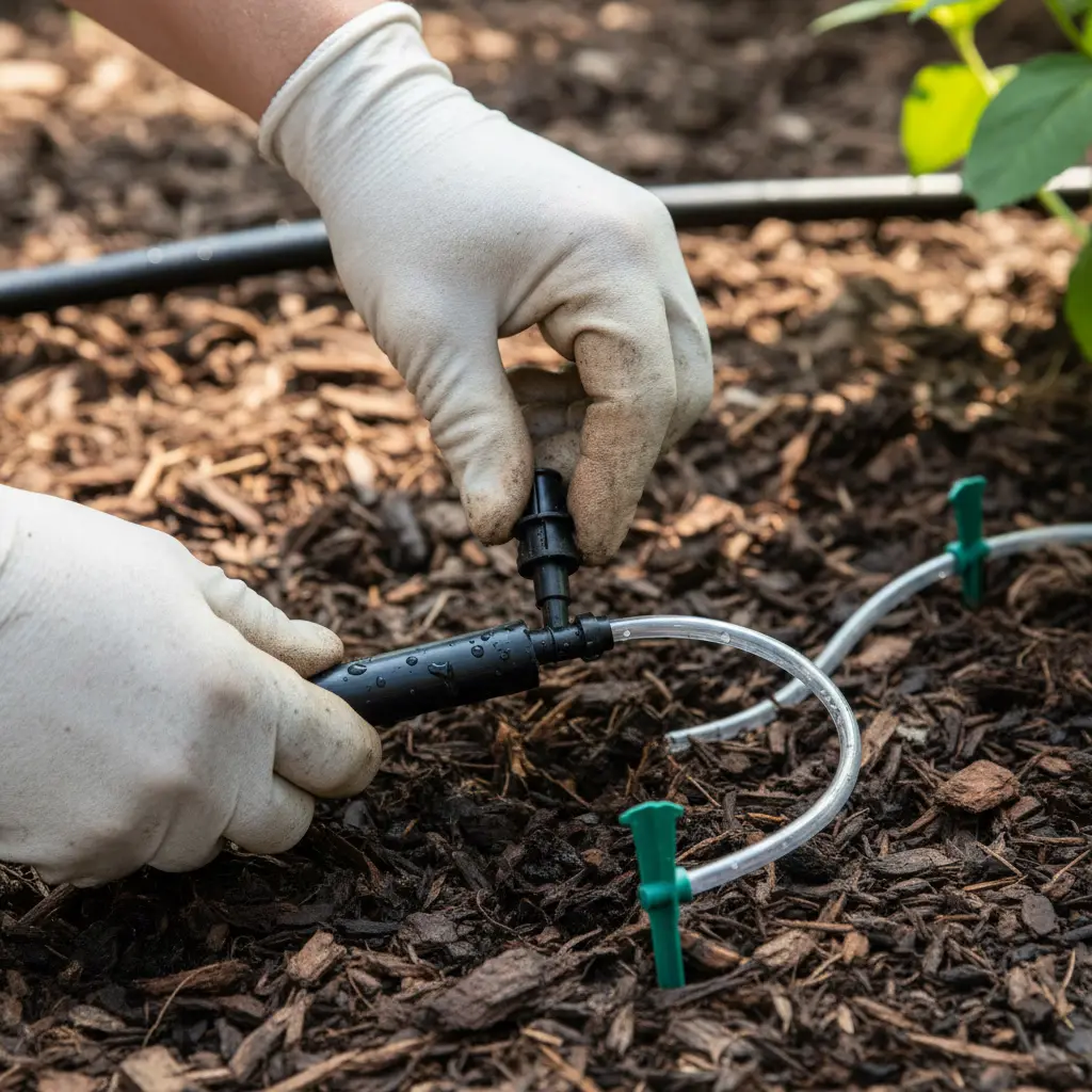 Person installing drip irrigation tubing around plants in raised bed, with tools and supplies laid out systematically
