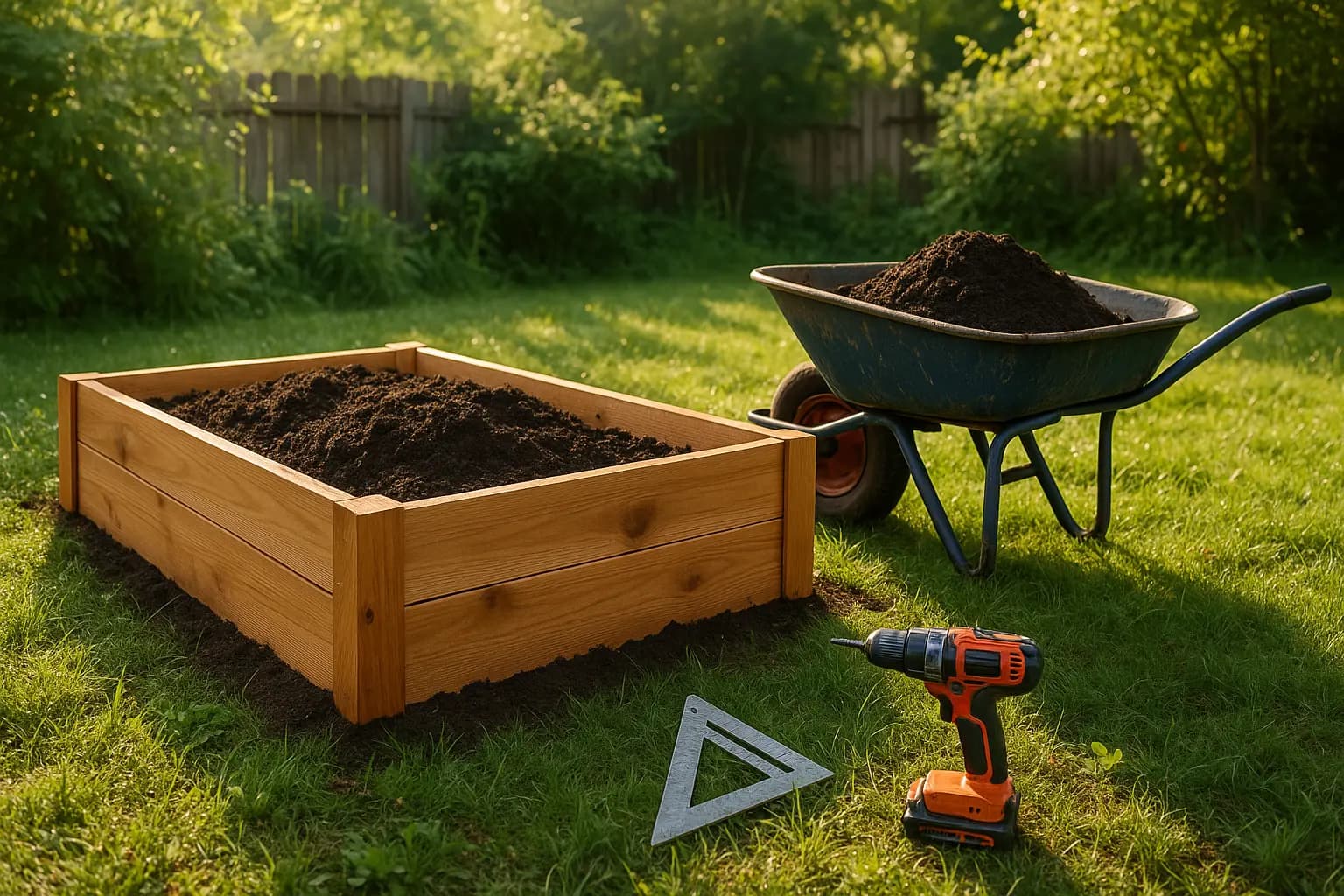 Newly built cedar raised bed with tools and wheelbarrow of compost nearby