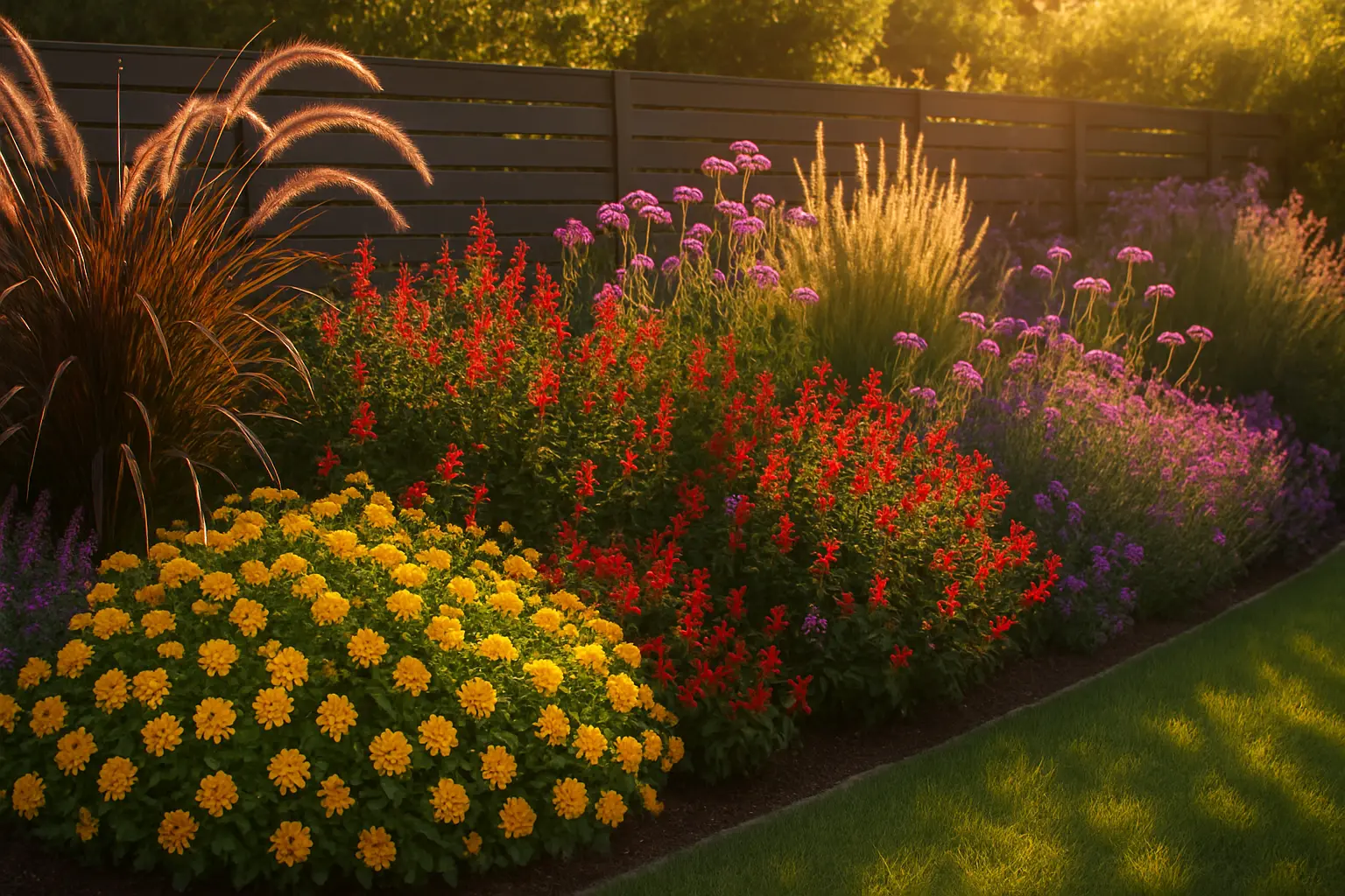 Heat-tough border with drought-tolerant flowers and grasses