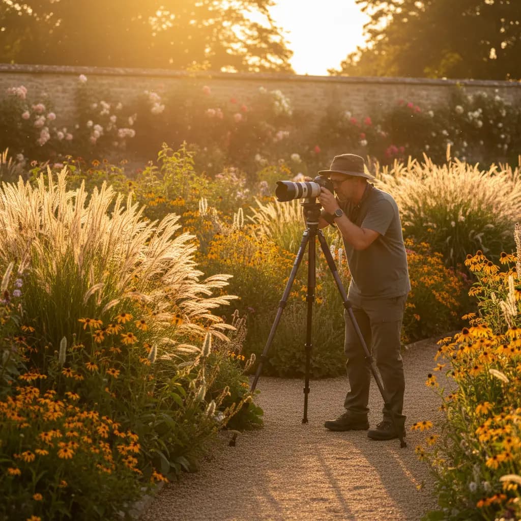 Professional photographer capturing colorful fall garden with golden hour light, showing camera on tripod and autumn foliage