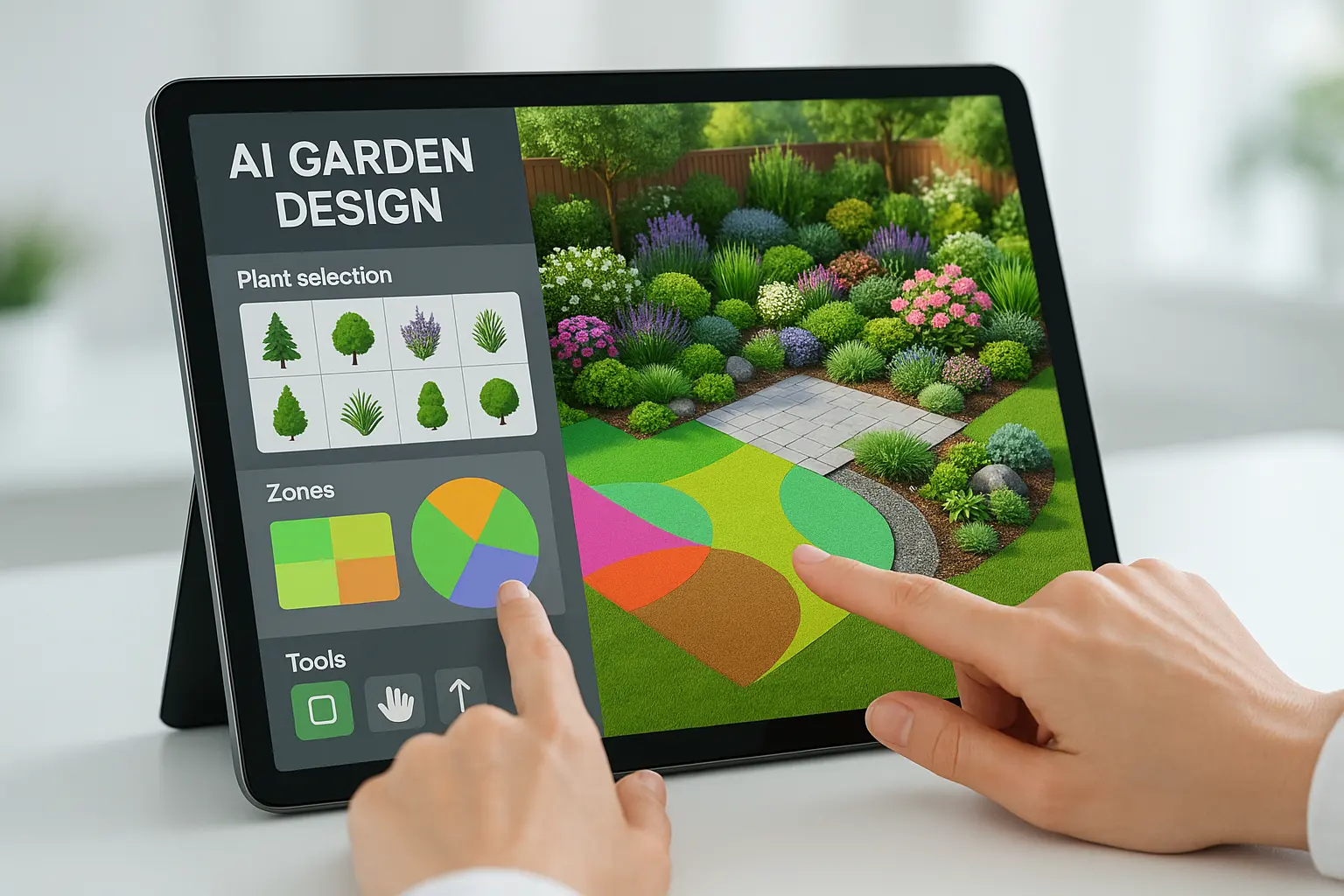 Gardenly app interface showing before and after garden transformation with AI-generated design