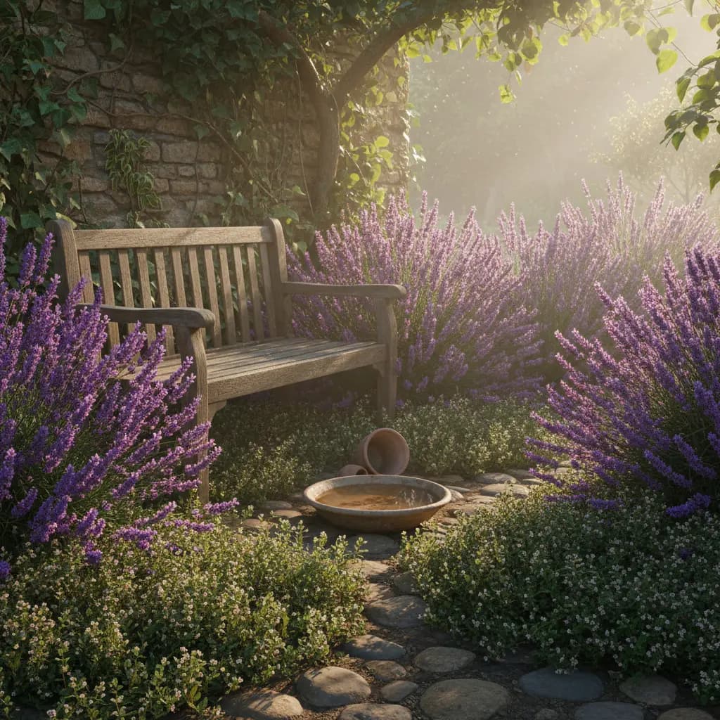 Intimate garden nook with wooden bench, lavender, thyme underfoot, water bowl, soft morning light