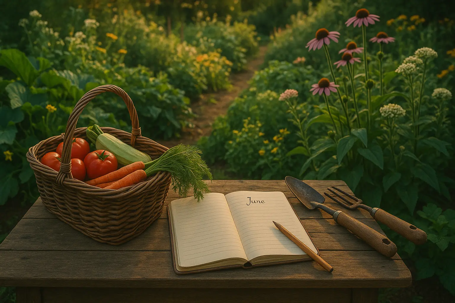 A peaceful garden scene capturing the abundance and lessons of June gardening