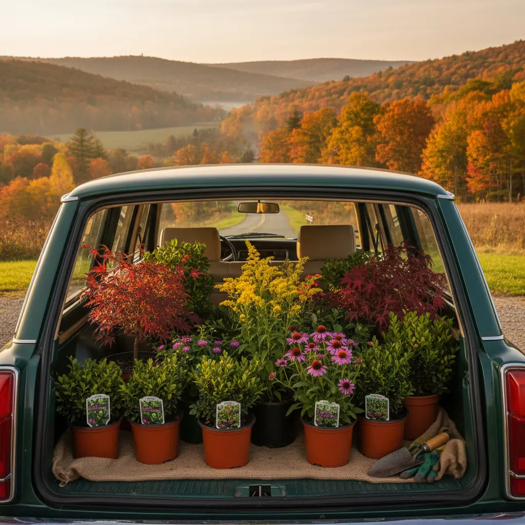 Gardener planting bulbs and perennials in fall garden with colorful foliage in background, showing various plants and tools