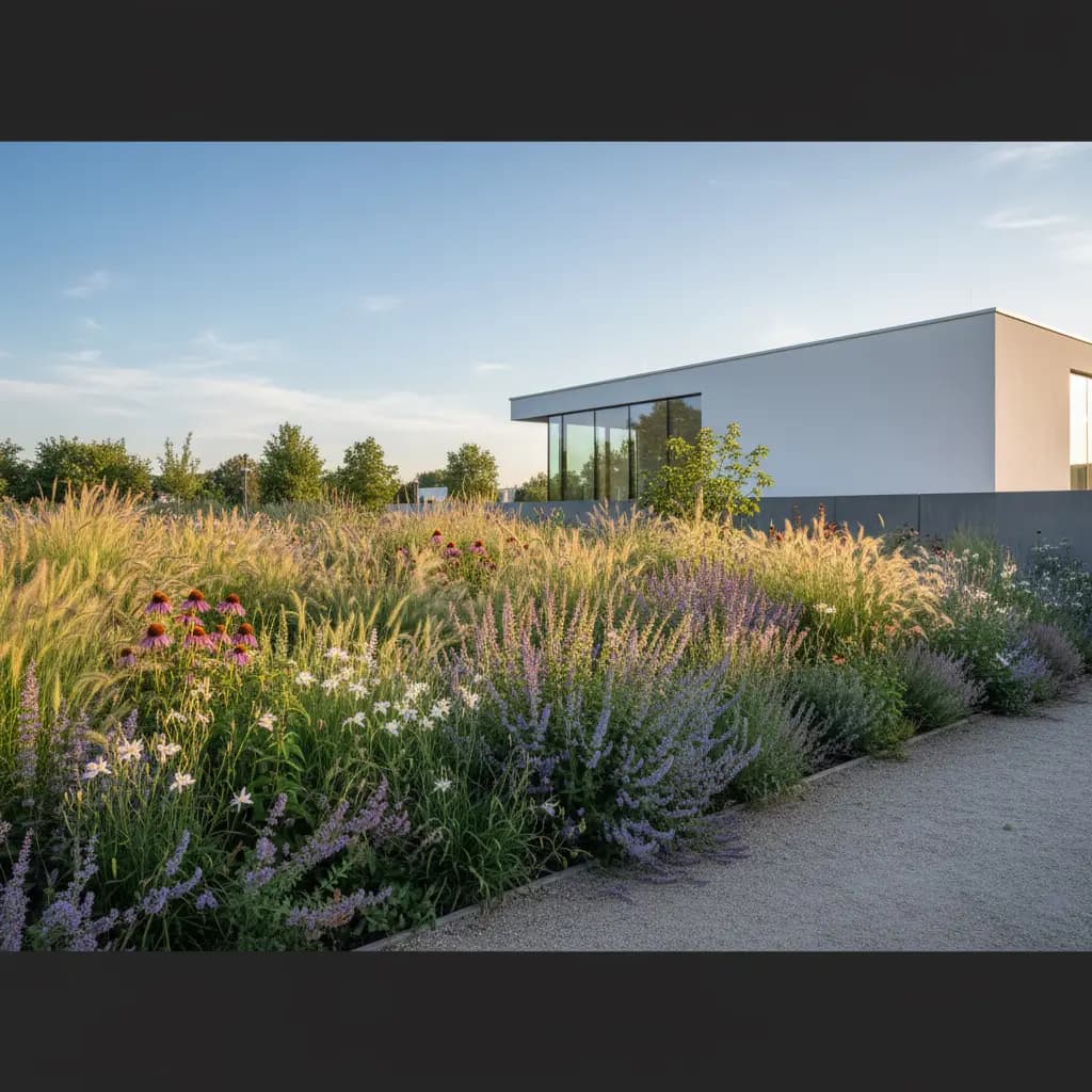 Broad border with repeating drifts of perennials and grasses, airy feel, clean architecture backdrop