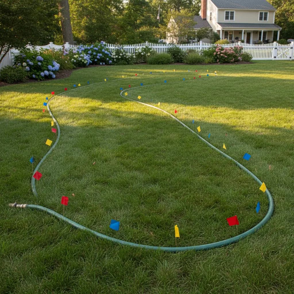 Lawn with garden hose laid out in graceful curve marking new bed, flags