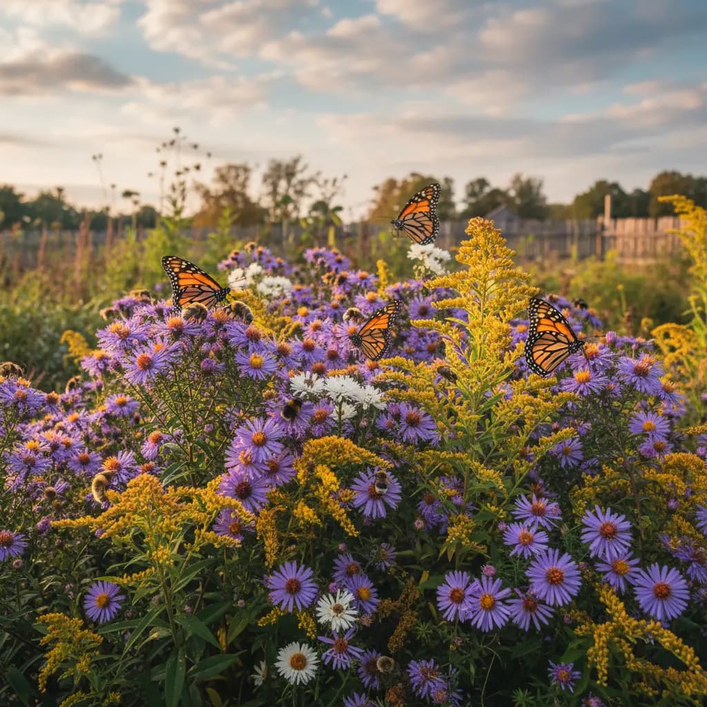 Close garden view with native asters, goldenrod, bees and butterflies active, fall sky