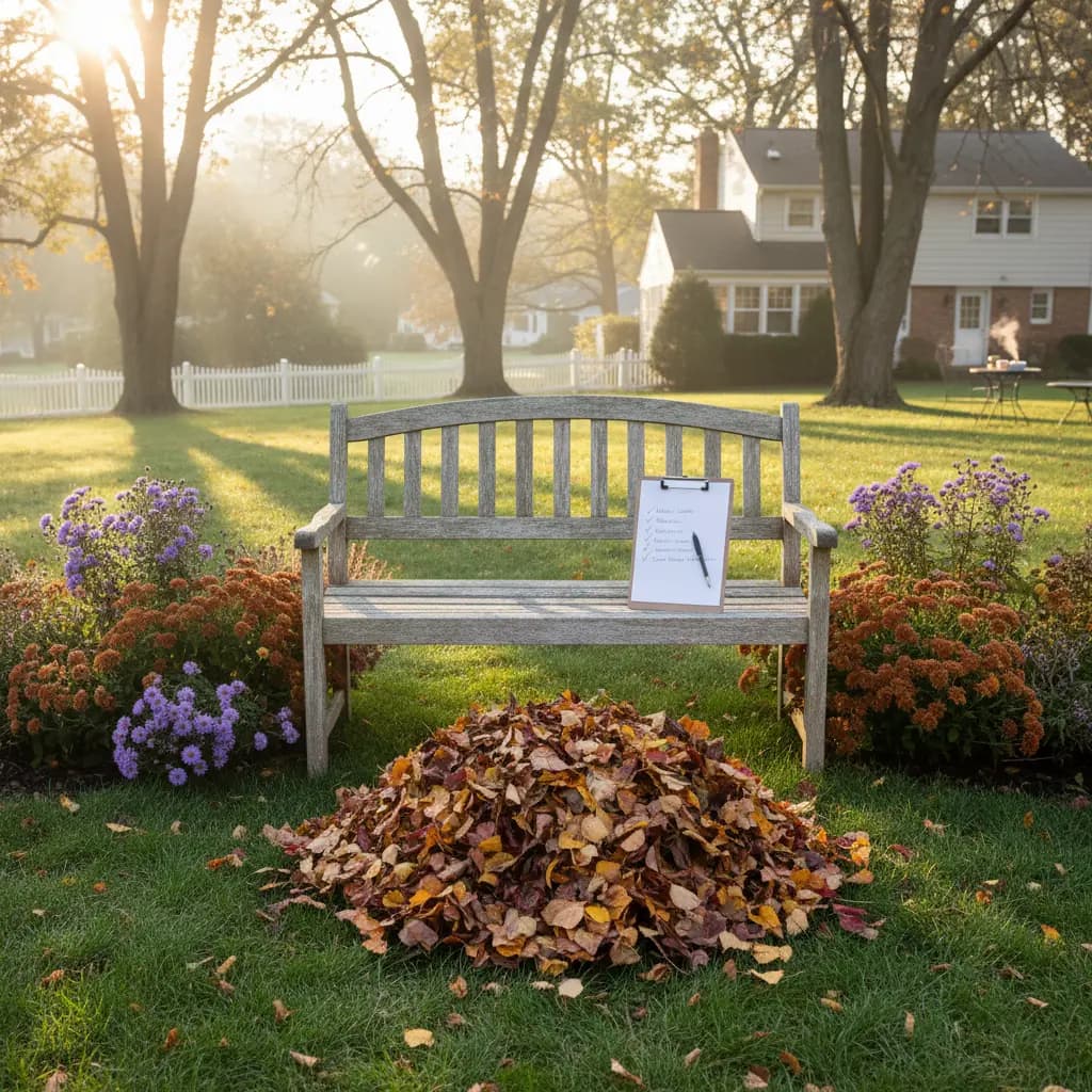 Suburban backyard with clipboard checklist on garden bench, raked leaves, fall perennials, morning light
