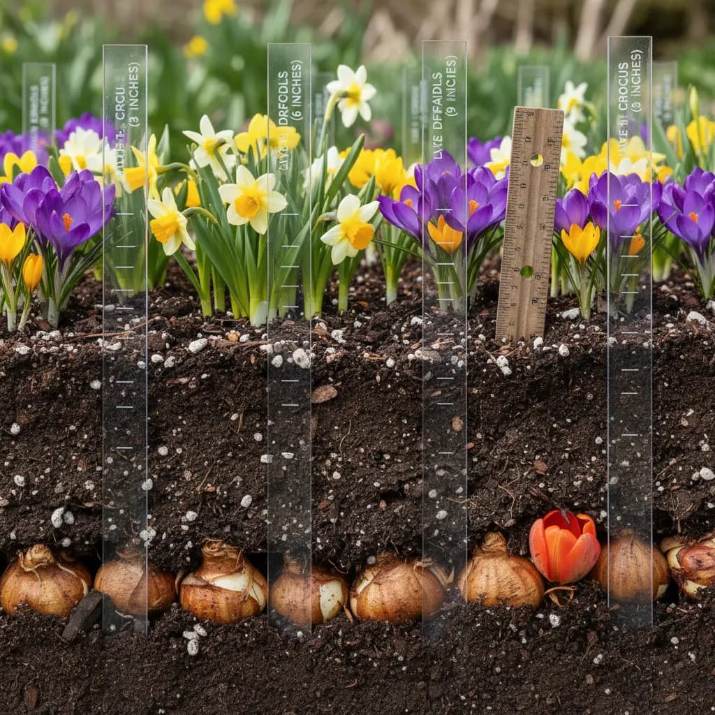 Close-up of garden bed with bulbs arranged in three layers showing tulips, daffodils, and crocus with depth markers
