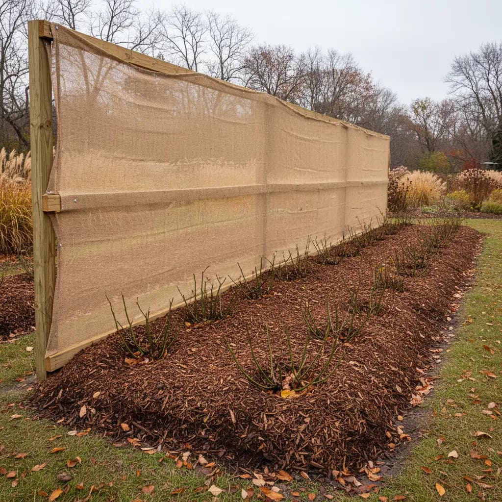 Rose bed with 6-inch mulch mound around base and burlap wind screen, fall garden
