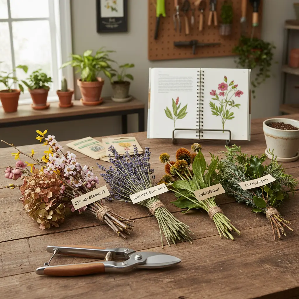Table with clean bypass pruners, labeled bundles (spring-blooming, summer-blooming, evergreen), instructional vibe