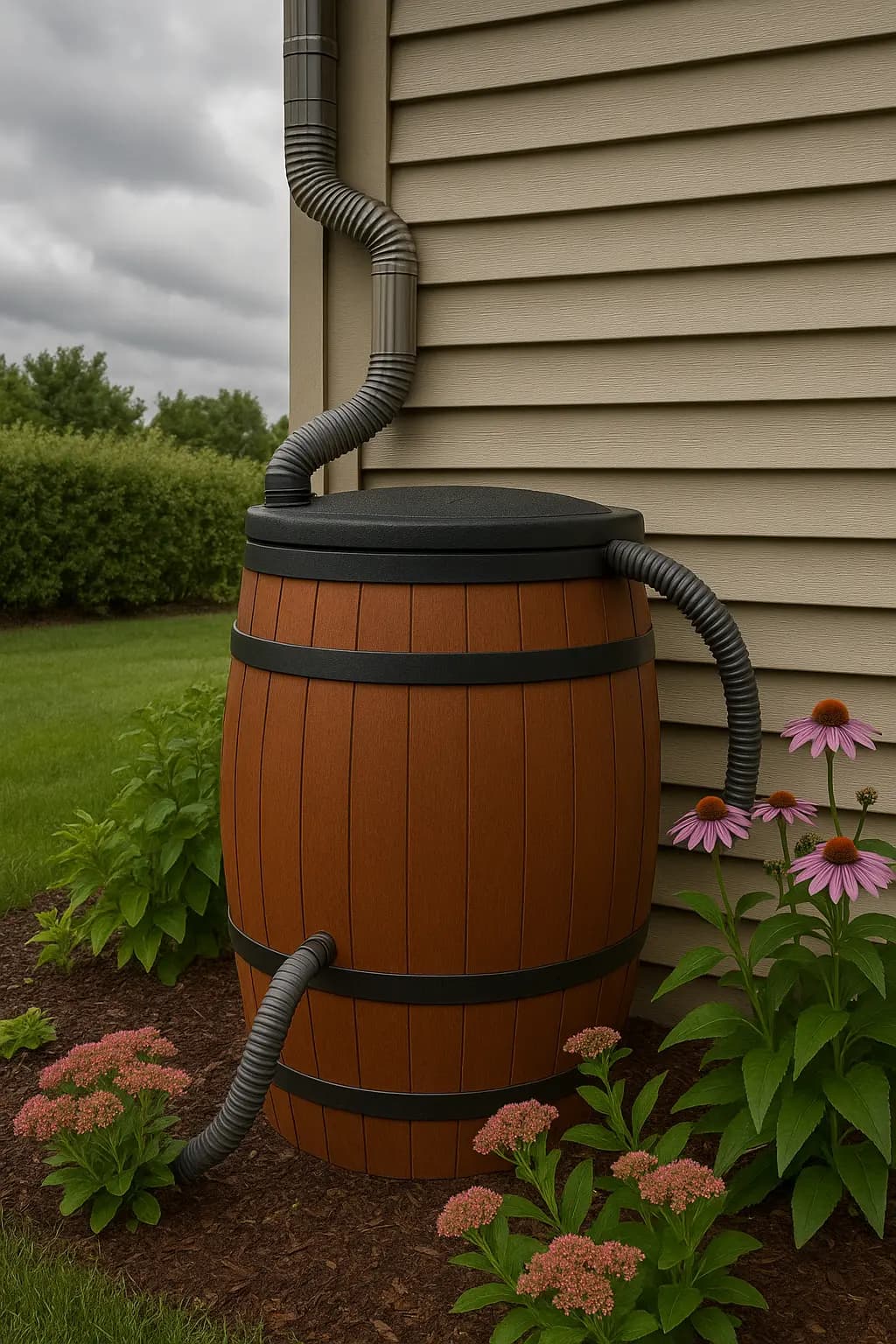 Rain barrel connected to downspout with overflow system