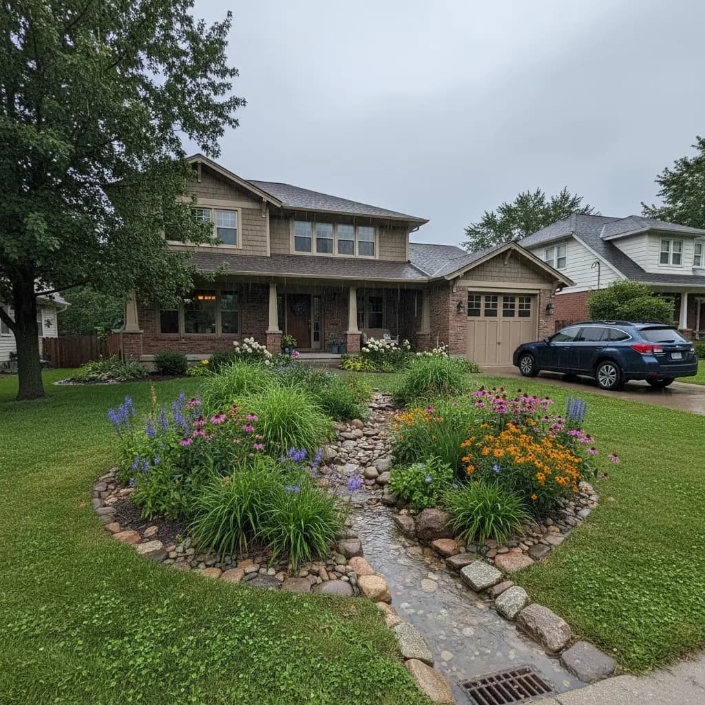 Residential front yard with rain garden full of native sedges and flowers, wet stones, overcast sky