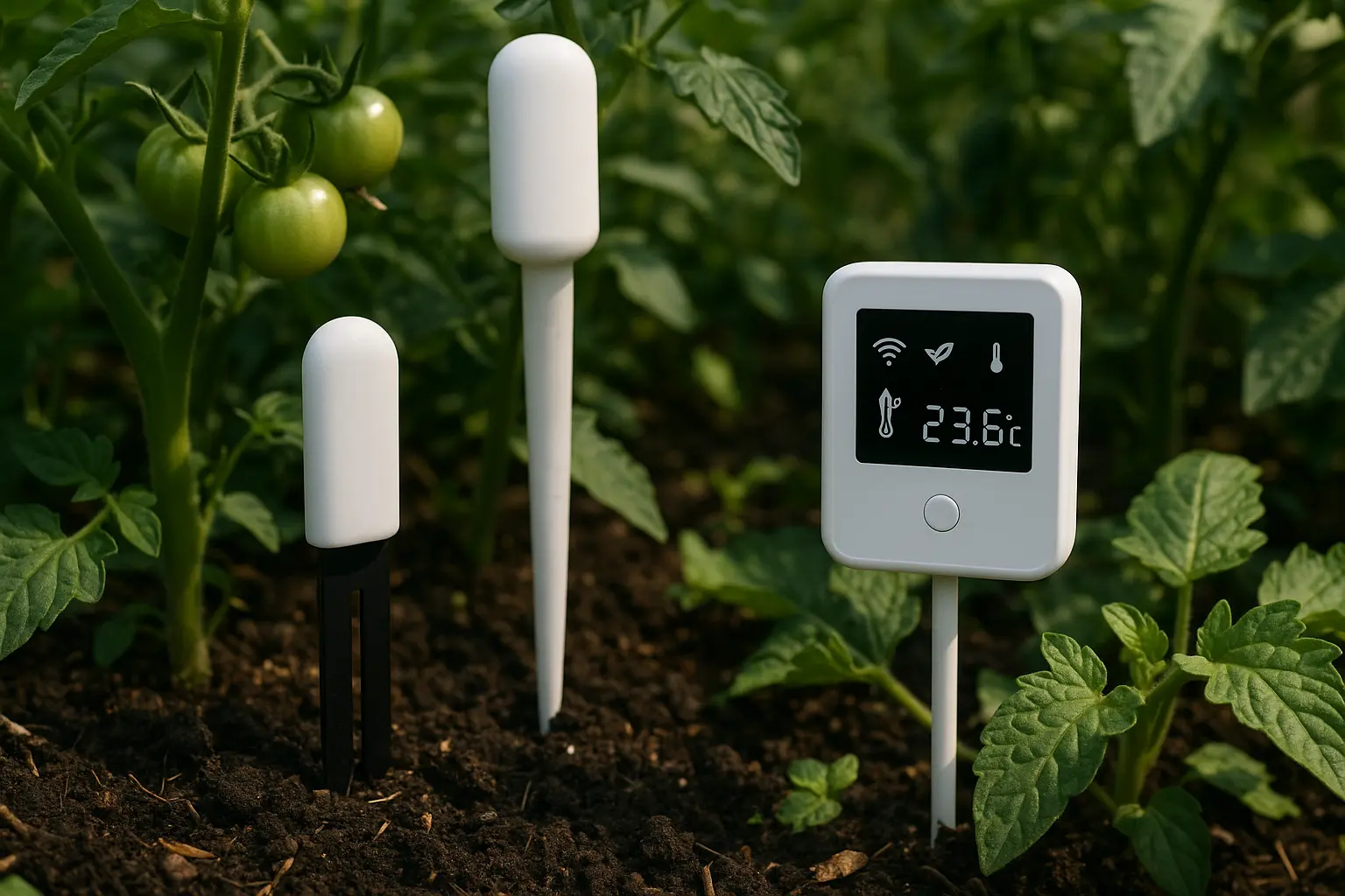 Modern garden featuring smart irrigation systems, soil sensors, and automated care technology displayed on a smartphone dashboard