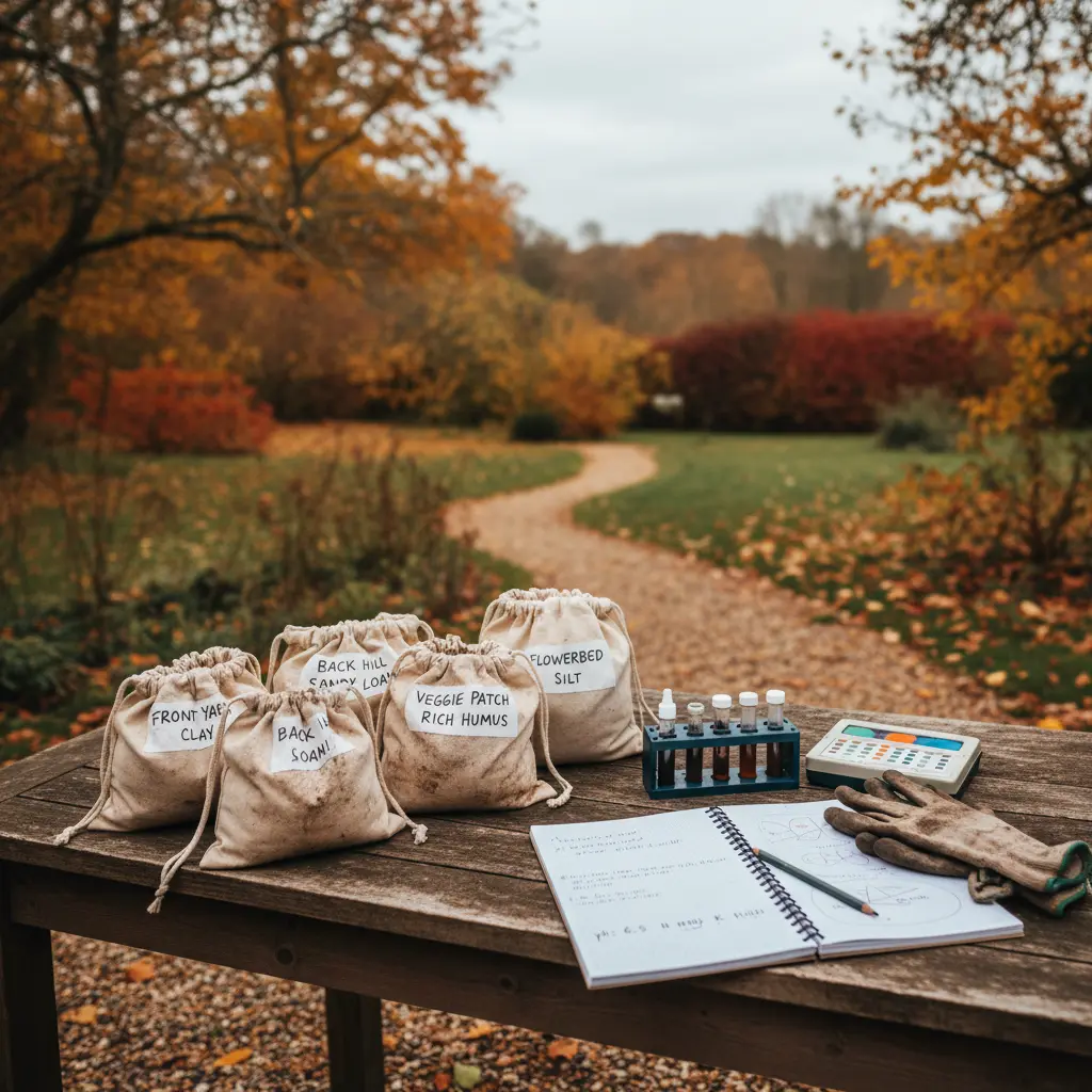 Garden table with soil sample bags labeled by location, test kit, notebook with results, fall background