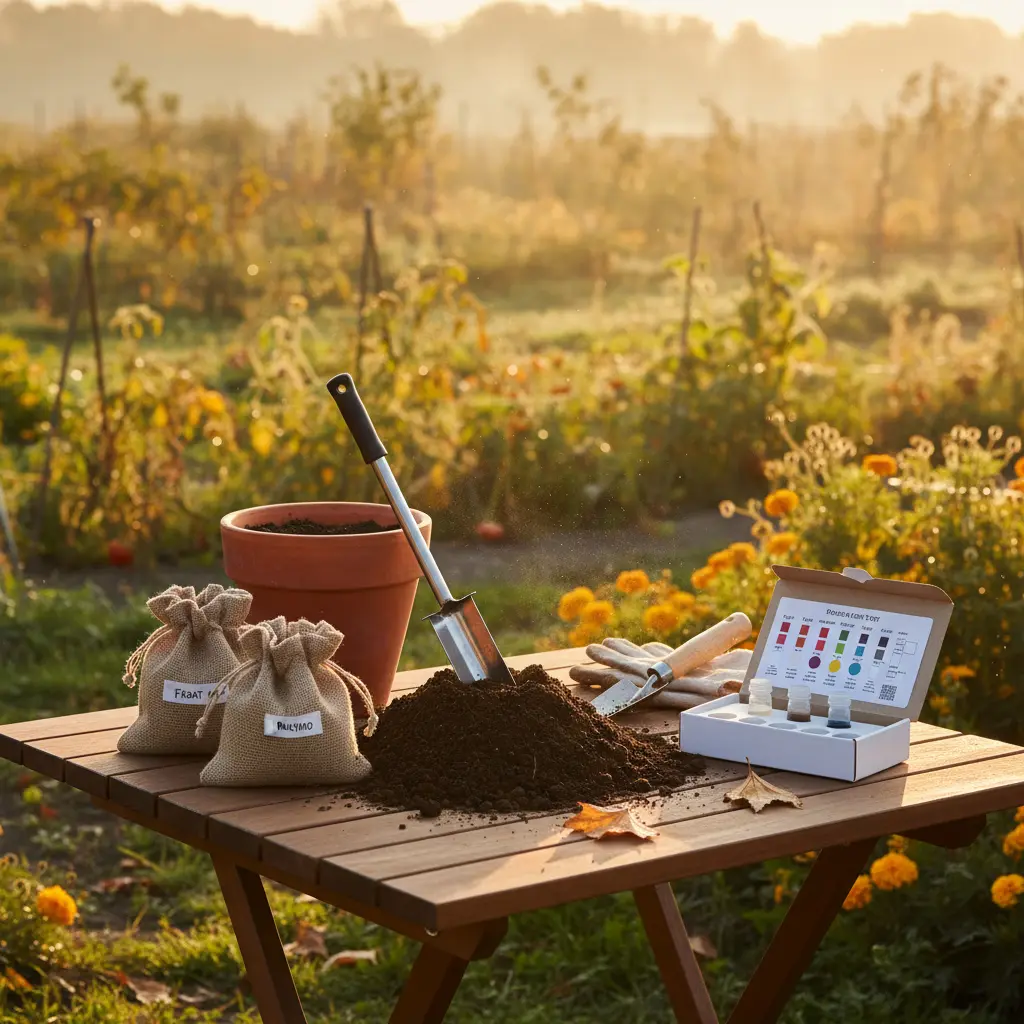 Garden scene with soil probe, small bags labeled front yard/backyard, test kit on table, early fall light