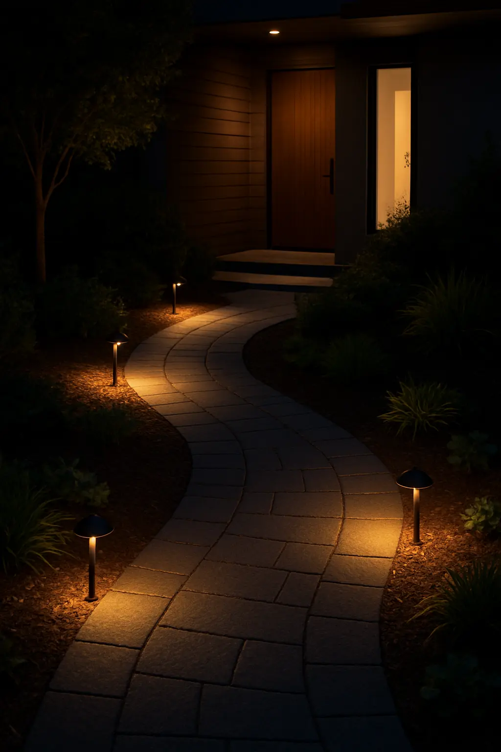 Elegant path lighting with subtle warm glow at night