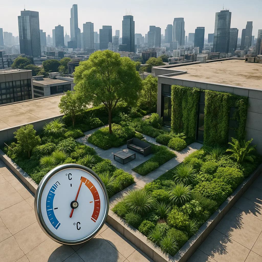 Split image showing hot concrete urban space versus cool, green urban garden with temperature readings