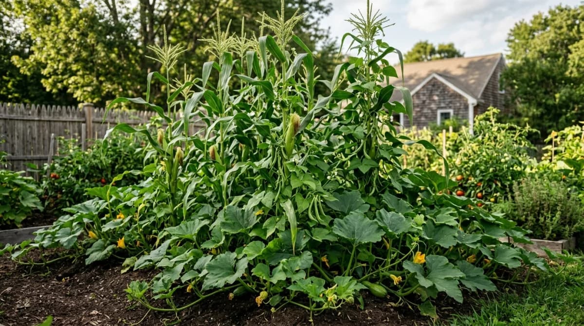 Companion planting diagram showing Three Sisters arrangement with corn, beans, and squash