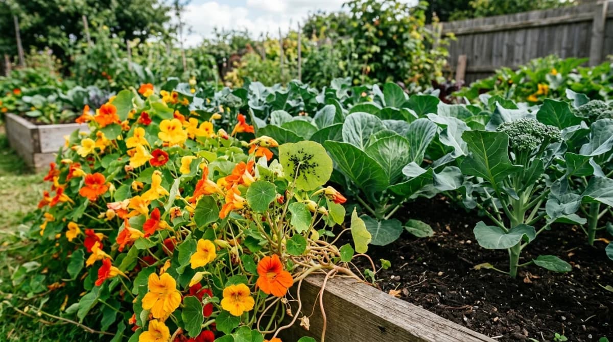 Nasturtiums growing as trap crop along the edge of a brassica vegetable bed