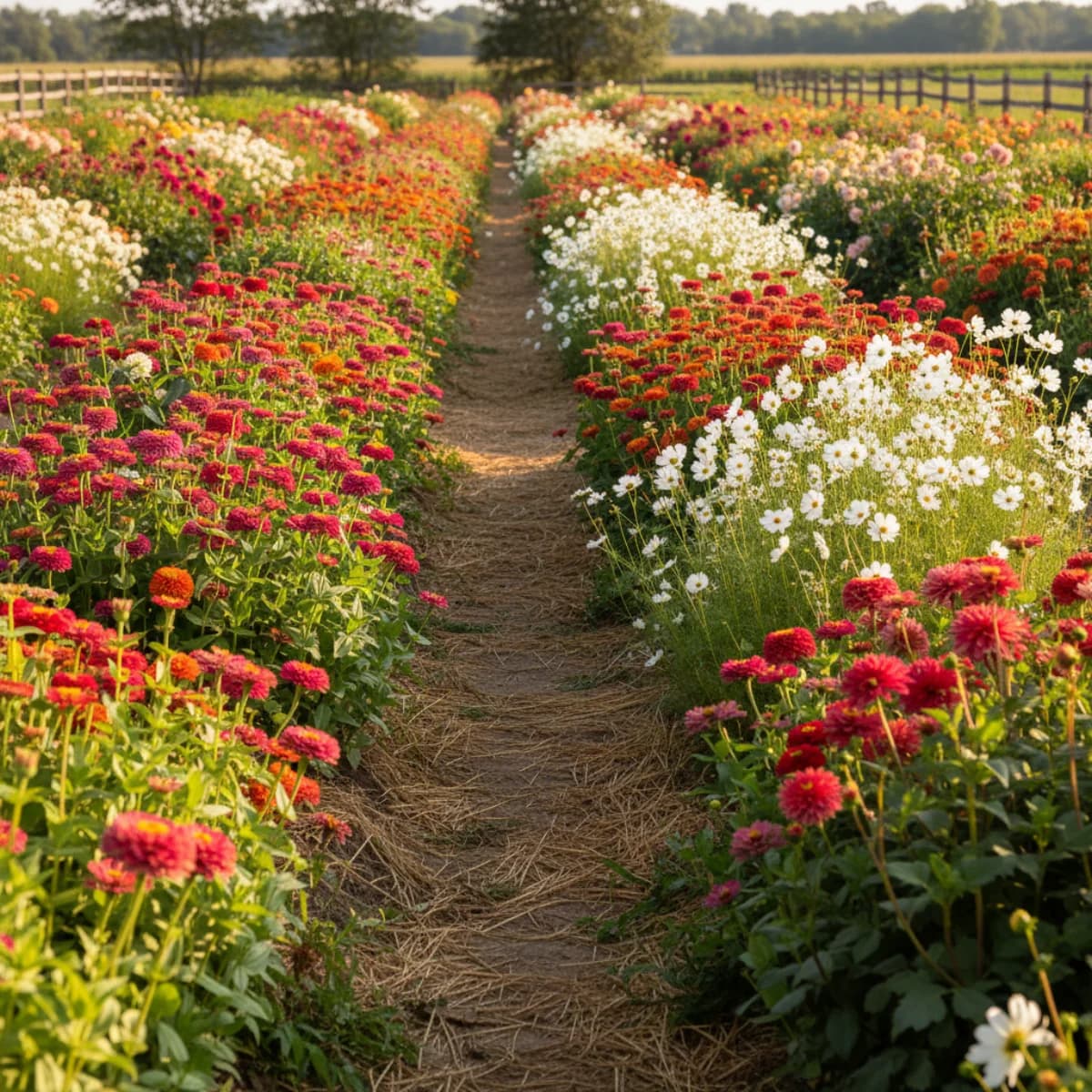 Abundant cottage-style cutting garden with rows of zinnias, cosmos, and dahlias in summer bloom