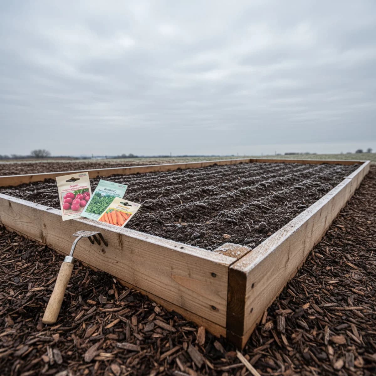Rows of freshly sown seeds in dark garden soil with frost still visible at the edges of the bed