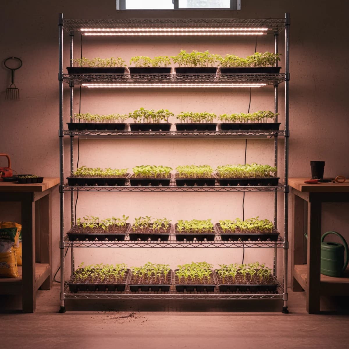 Wire shelving unit with LED grow lights glowing over multiple trays of green seedlings in a home basement