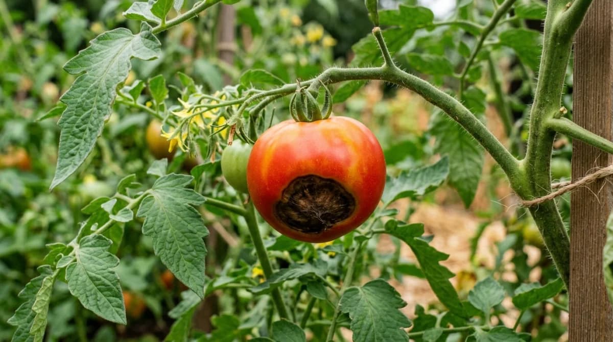 Tomato leaf showing blossom end rot with dark sunken spot on the bottom of the fruit