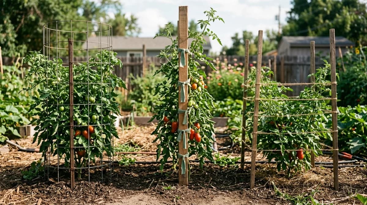 Three different tomato staking methods: cage, stake and tie, and Florida weave in a garden row